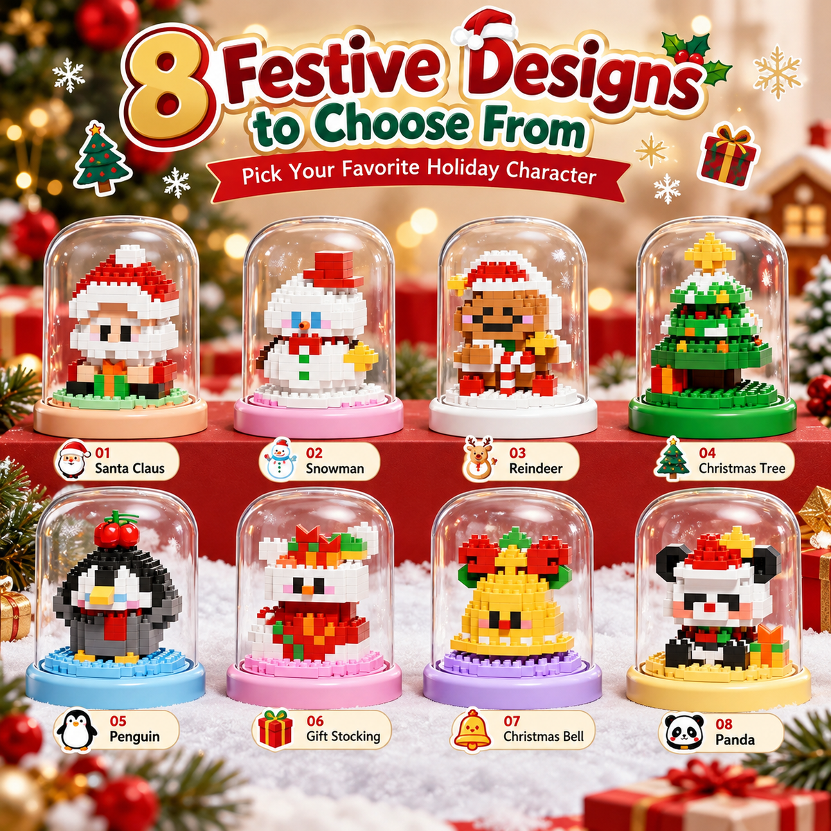DIY Christmas Mini Building Block Kit with Display Dome – 8 Festive Designs