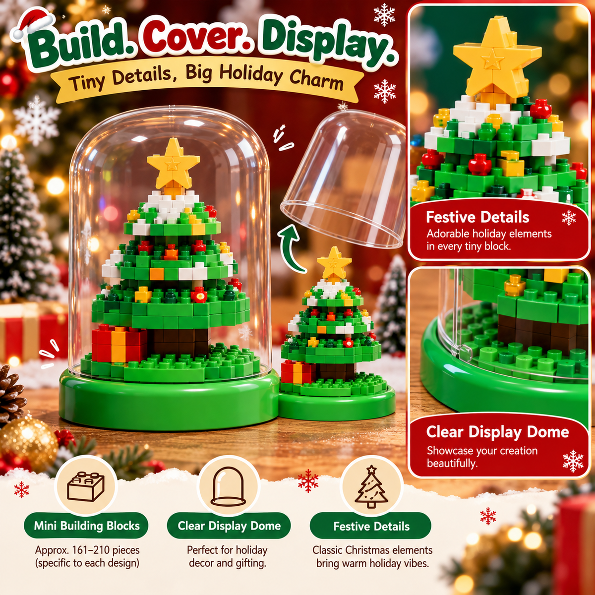 DIY Christmas Mini Building Block Kit with Display Dome – 8 Festive Designs