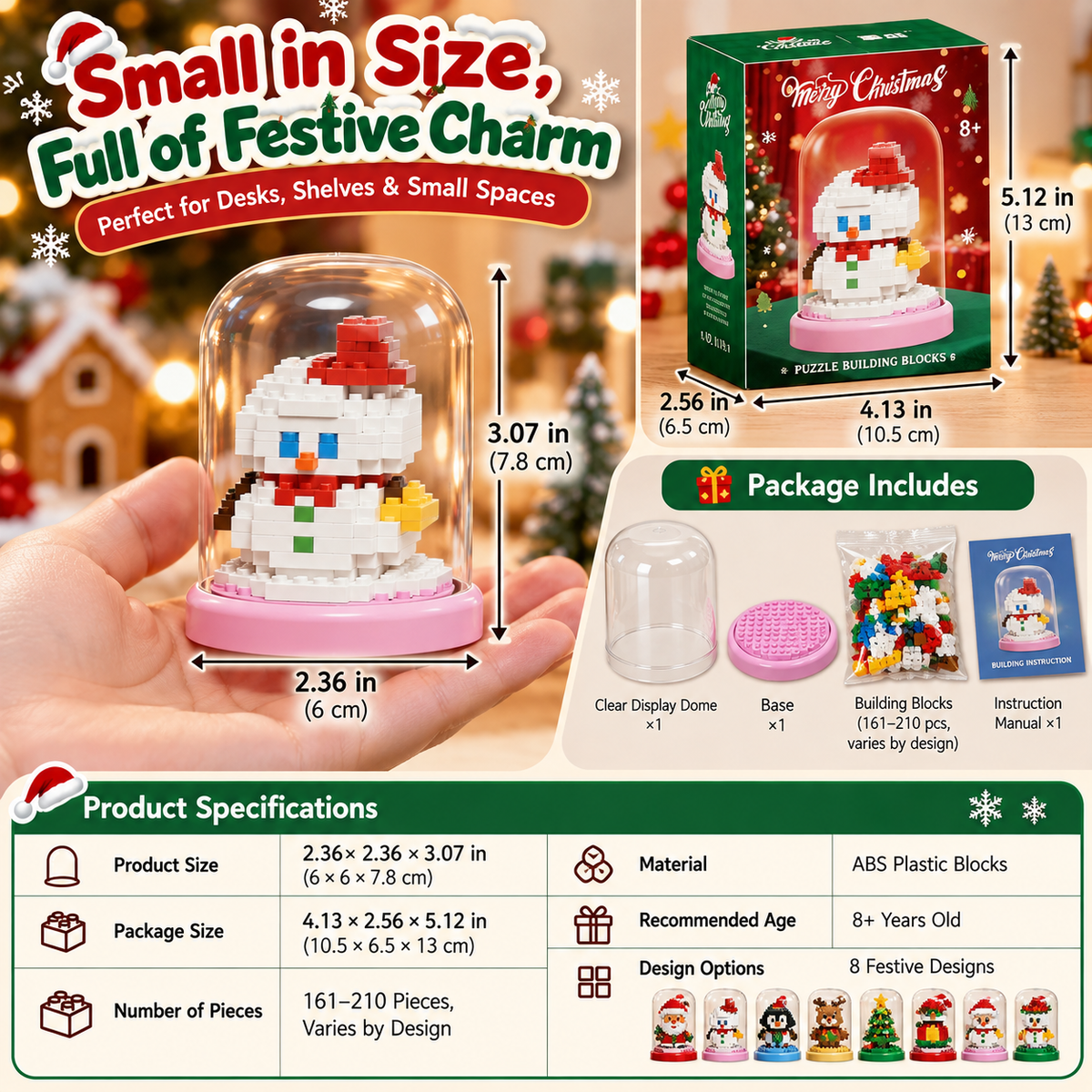 DIY Christmas Mini Building Block Kit with Display Dome – 8 Festive Designs